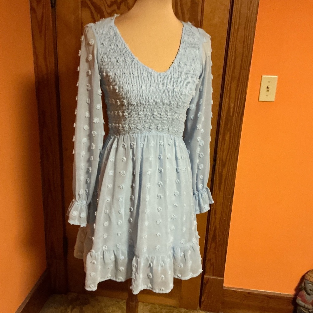 BTFBM Light Blue Swiss Dot Smocked Dress Boho Romantic Long Sleeve Ruffle Hem - Picture 7 of 10